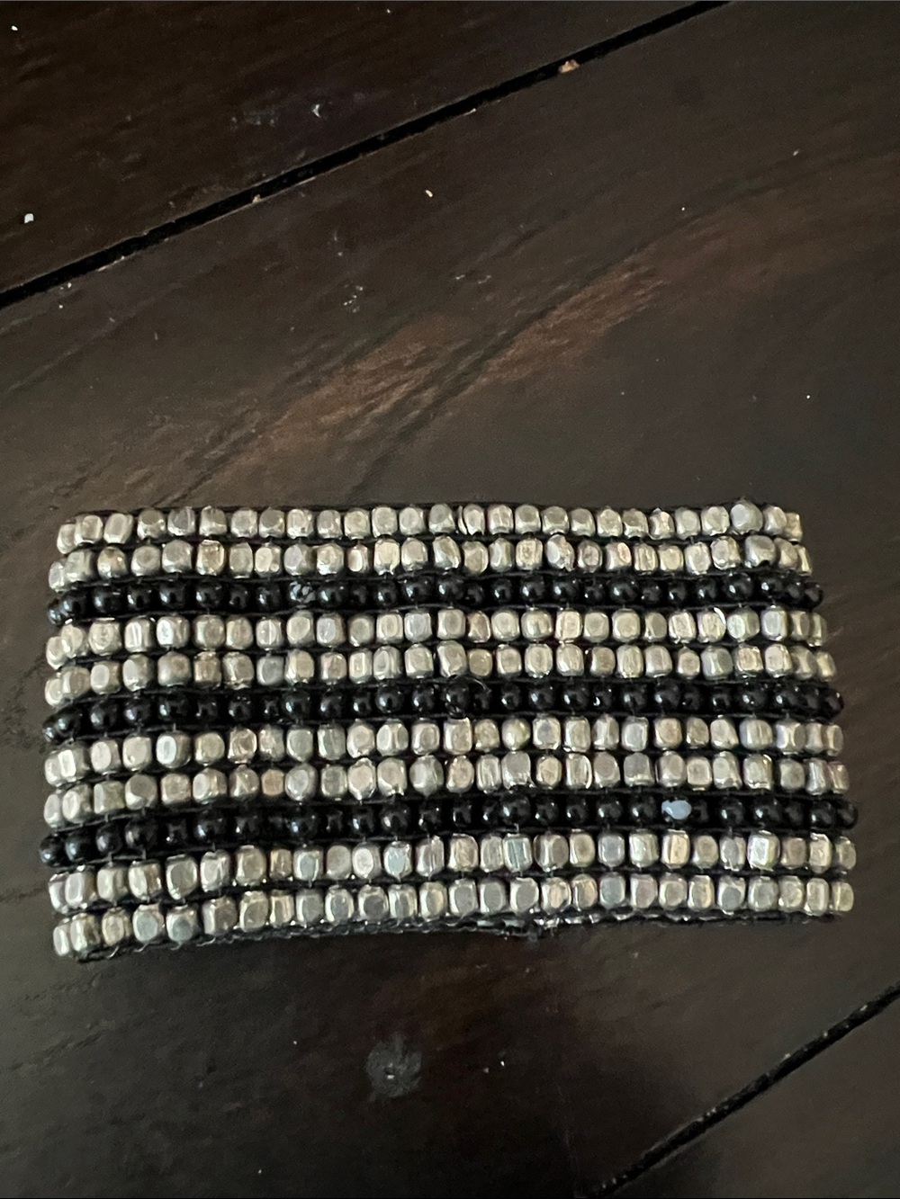 Silver and Black Beaded Stretch Bracelet